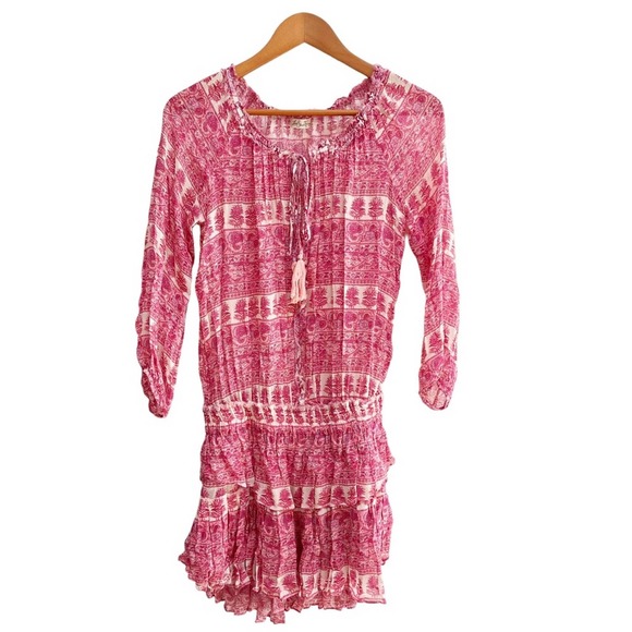 LOVESHACKFANCY Paisley Print Ruffle Pink Popover Mini Dress Large - Picture 2 of 9